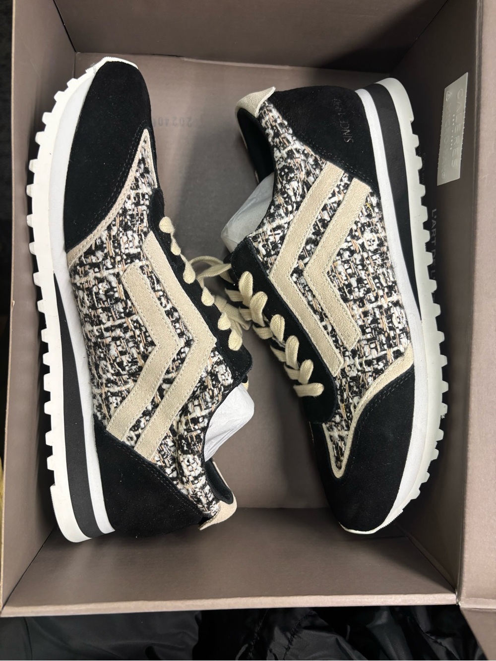 Franco Sarto Black and Beige Tweed Suede Sneakers